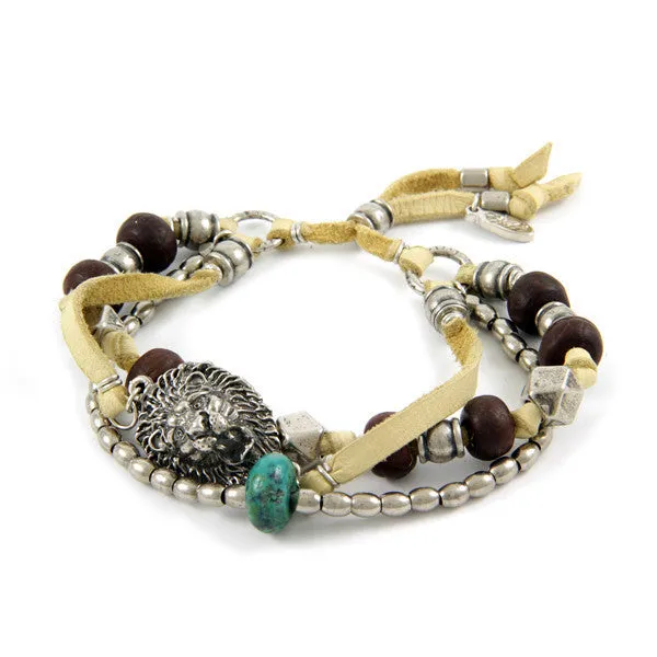 Mens Multi Bead Tan Deerskin Leather Bracelet with Turquoise Bead Nugget and Lion Head Charm