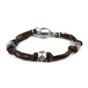 Mens Silver Triple Beaded Brown Deerskin Leather Bracelet