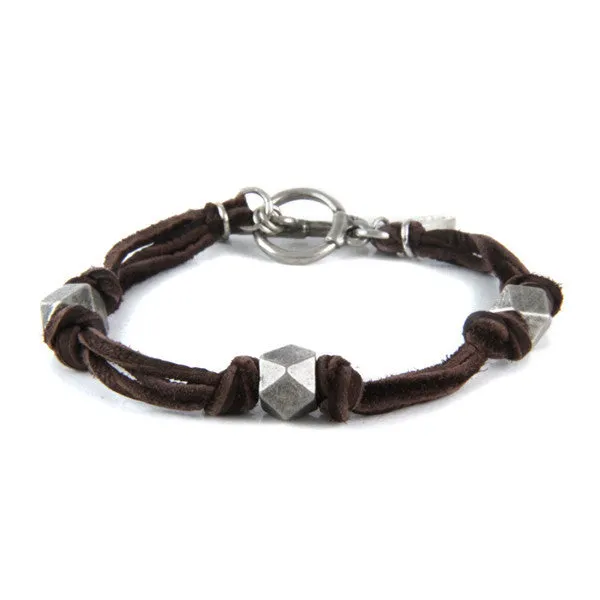 Mens Silver Triple Beaded Brown Deerskin Leather Bracelet