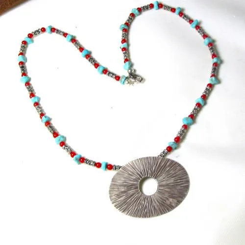 Mexican Turquoise Necklace With Big Bold Silver Pendant