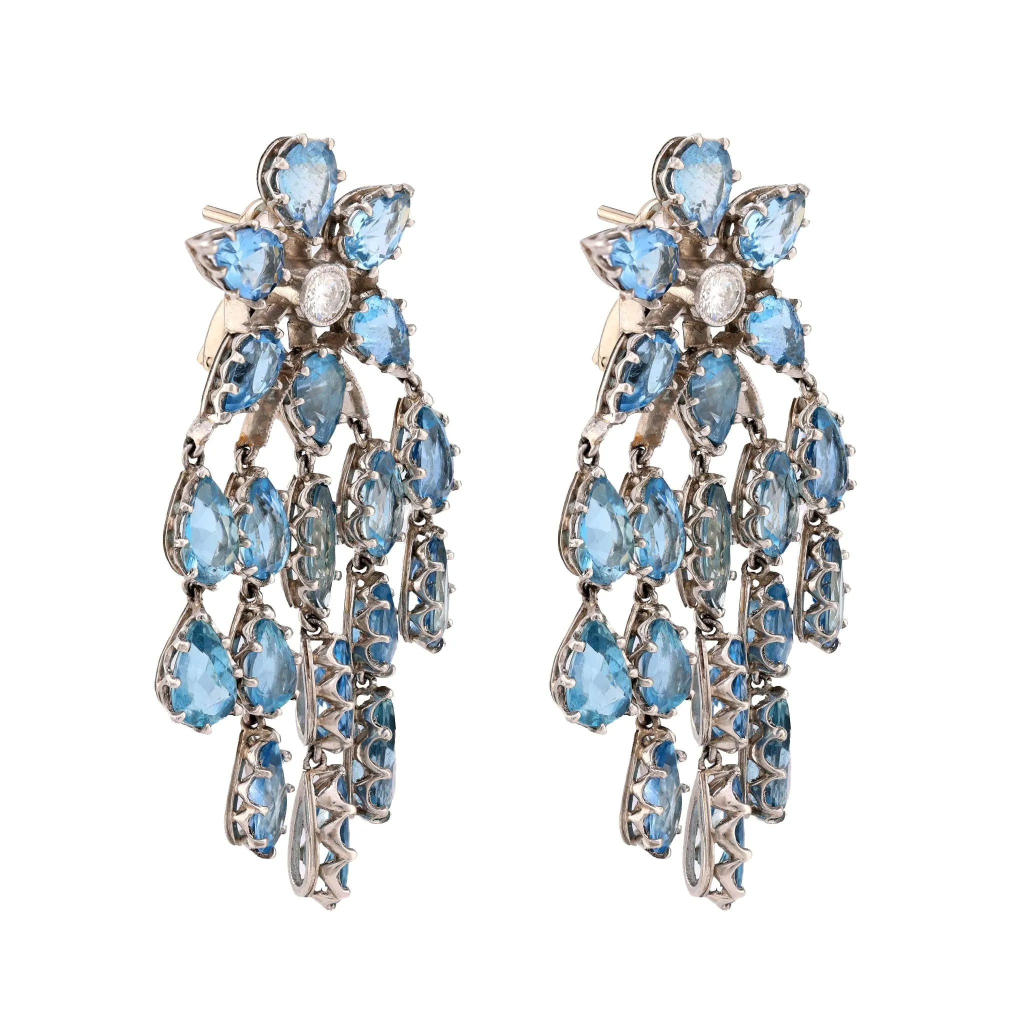 Mid Century inspired 14 carat aquamarine diamond chandelier earrings