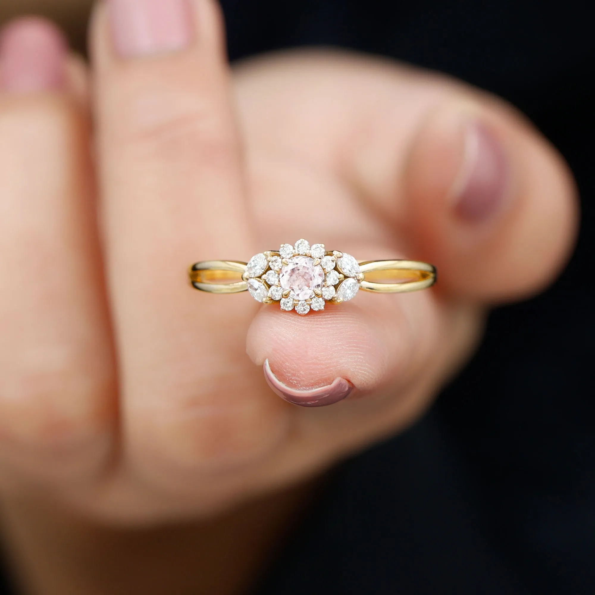 Morganite and Diamond Flower Engagement Ring with Split Shank