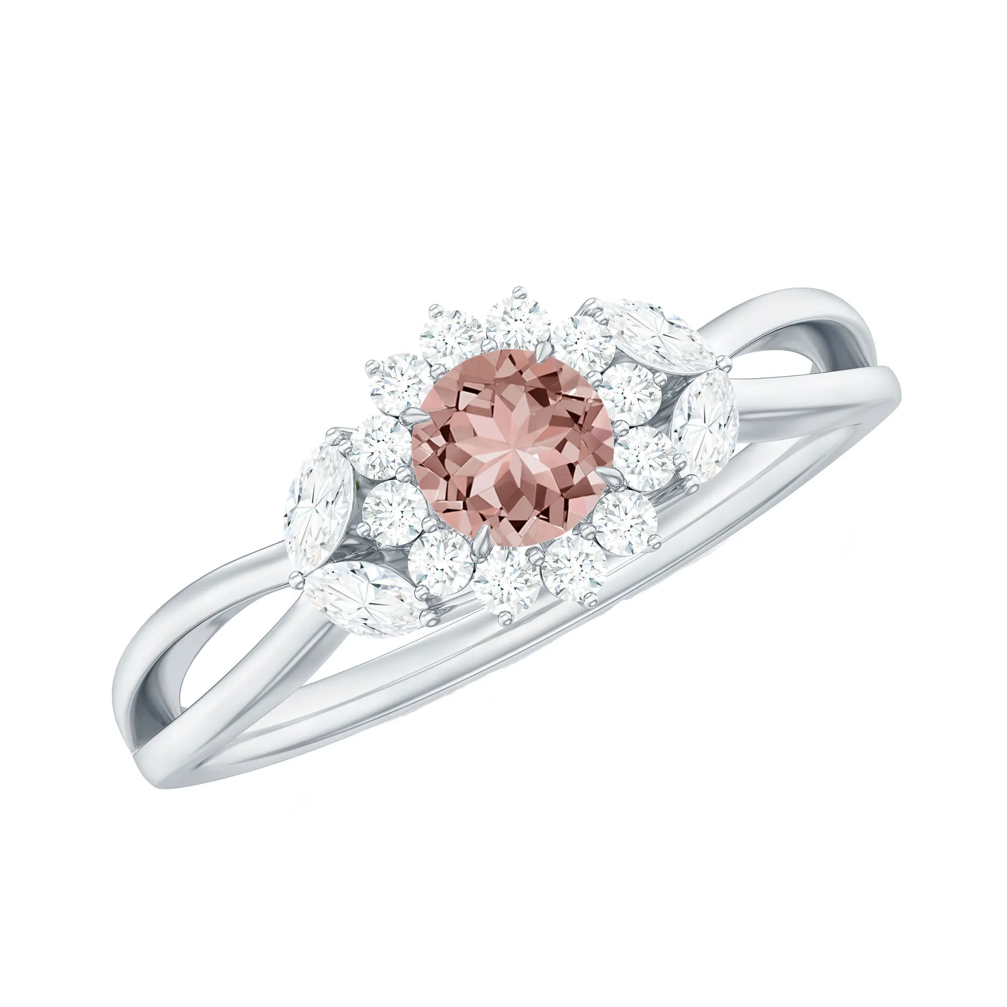 Morganite and Diamond Flower Engagement Ring with Split Shank