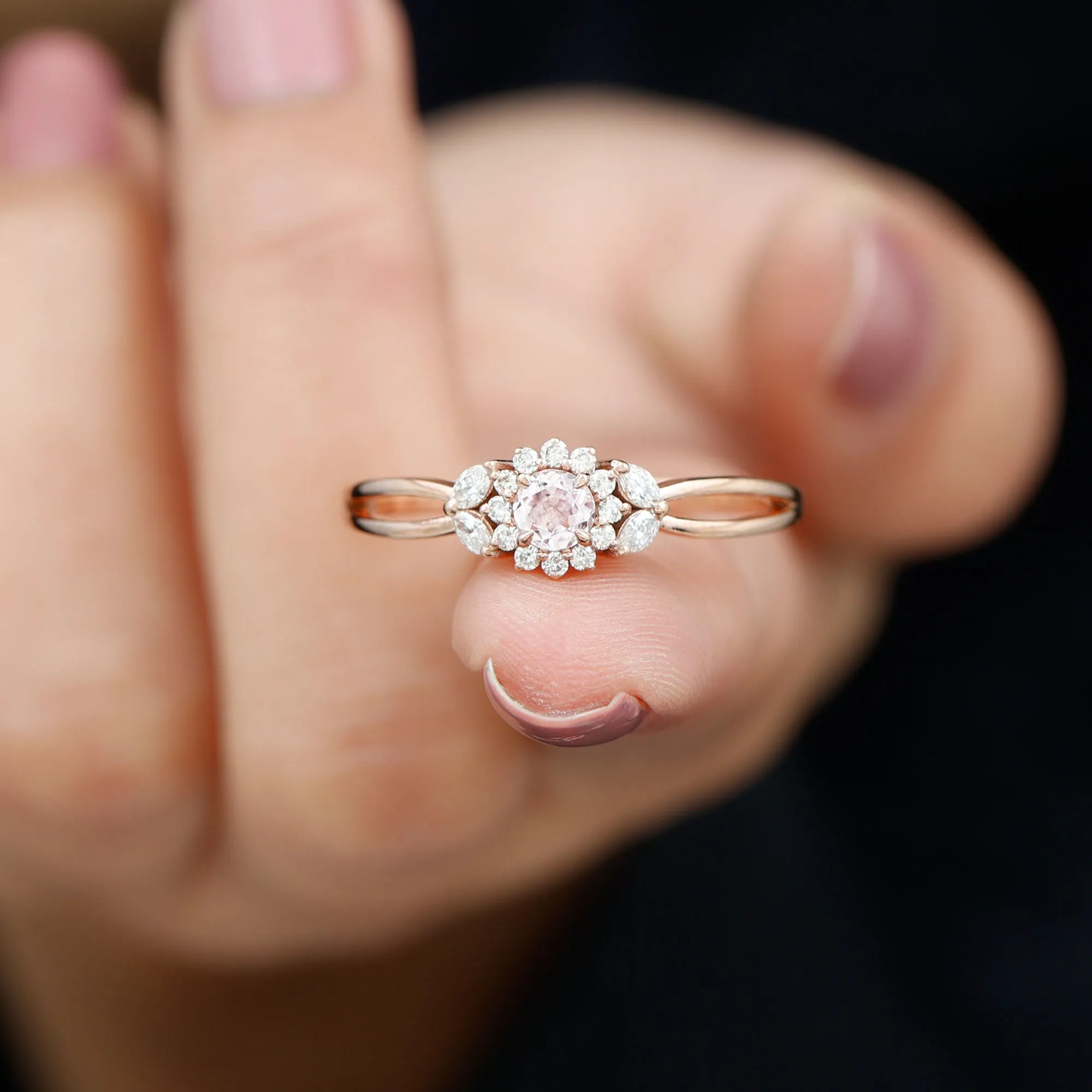 Morganite and Diamond Flower Engagement Ring with Split Shank