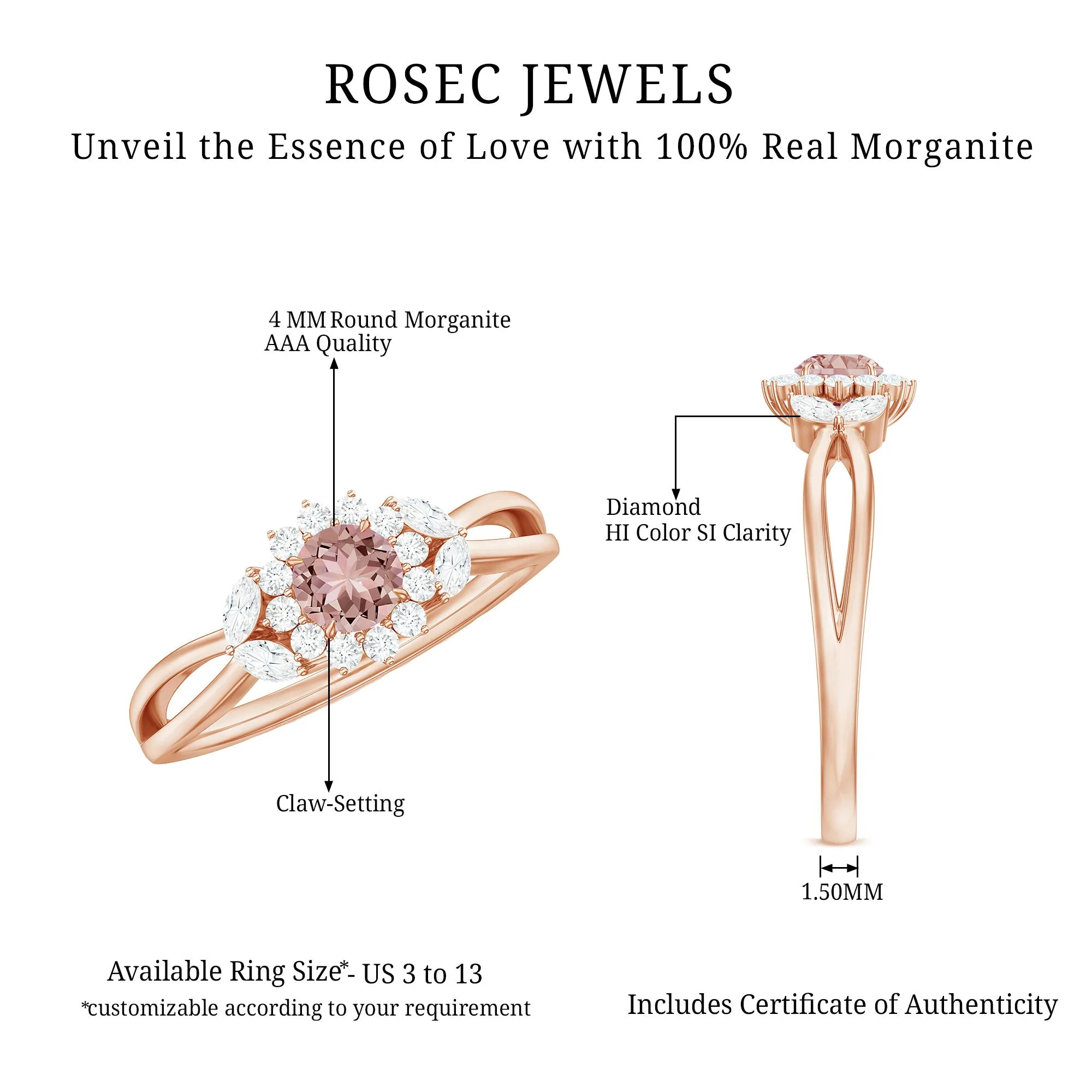 Morganite and Diamond Flower Engagement Ring with Split Shank