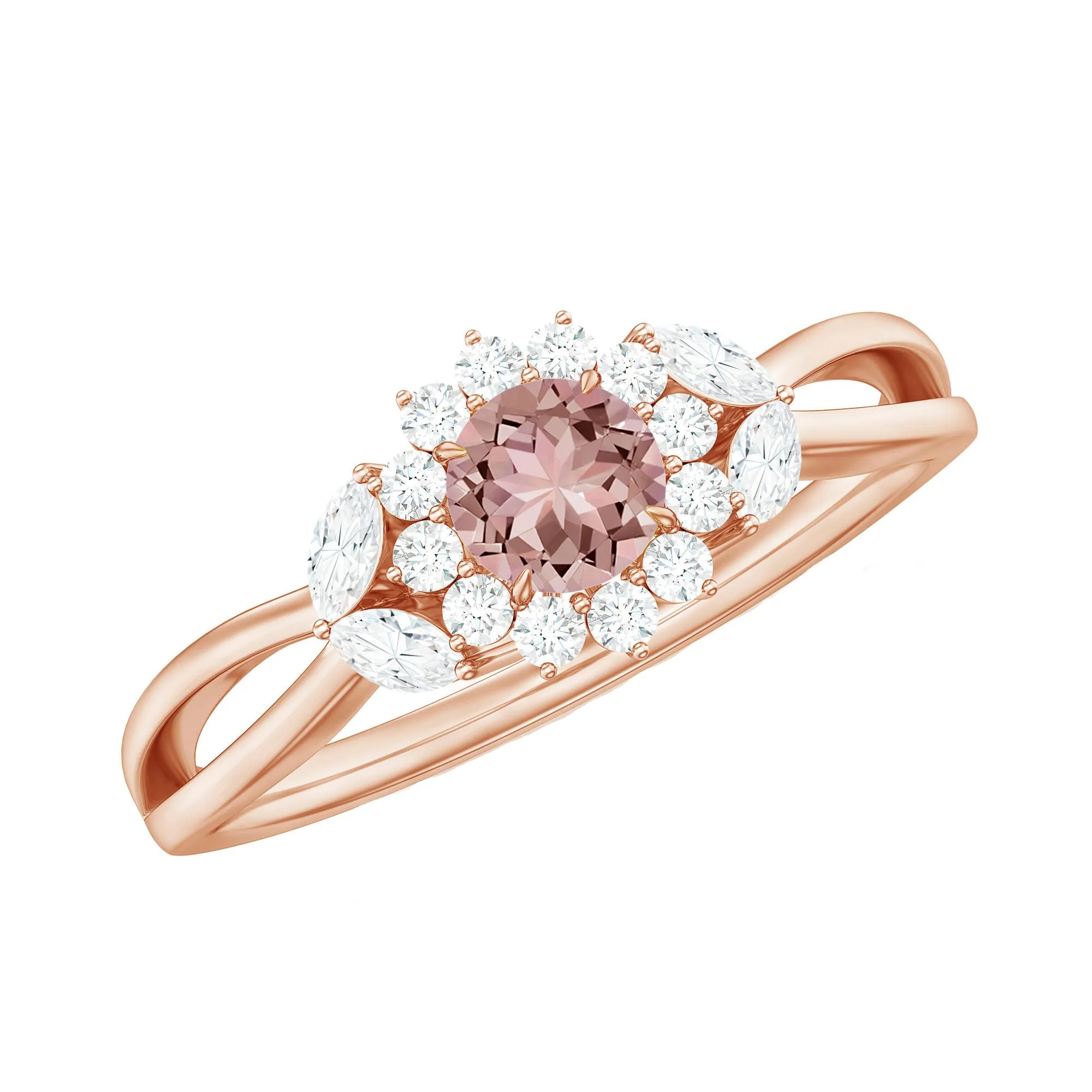 Morganite and Diamond Flower Engagement Ring with Split Shank