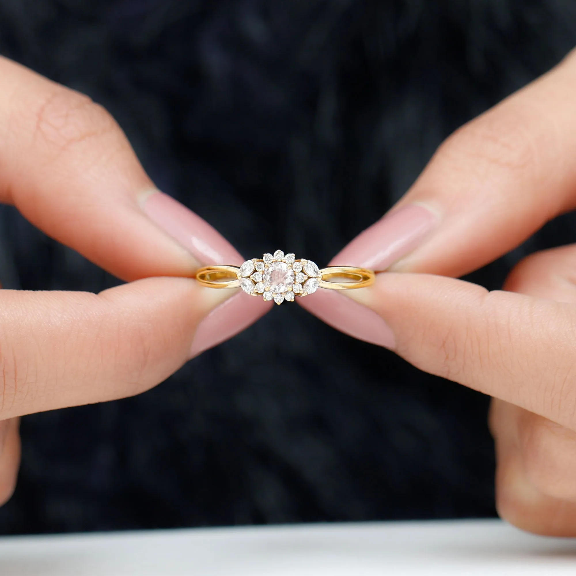 Morganite and Diamond Flower Engagement Ring with Split Shank