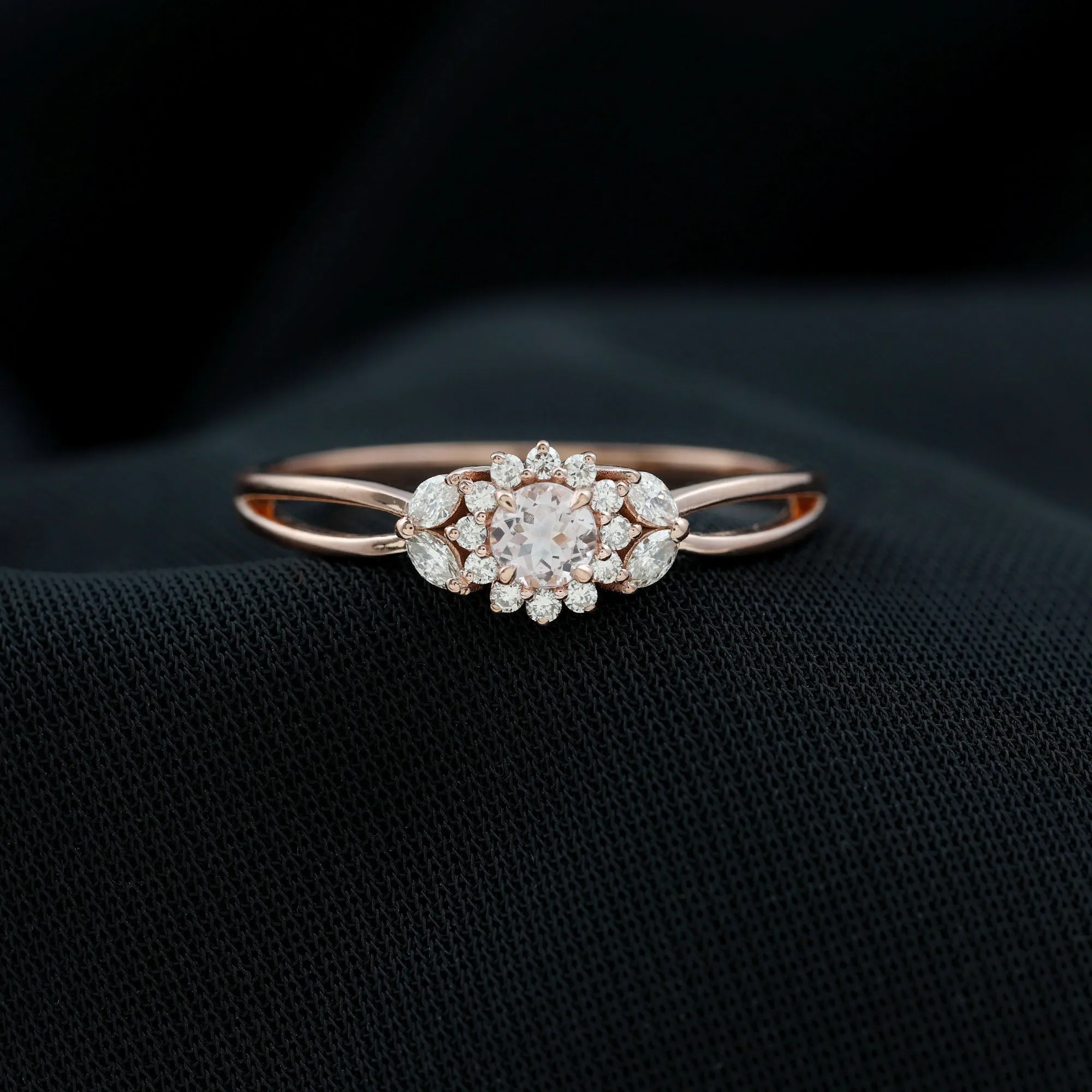 Morganite and Diamond Flower Engagement Ring with Split Shank