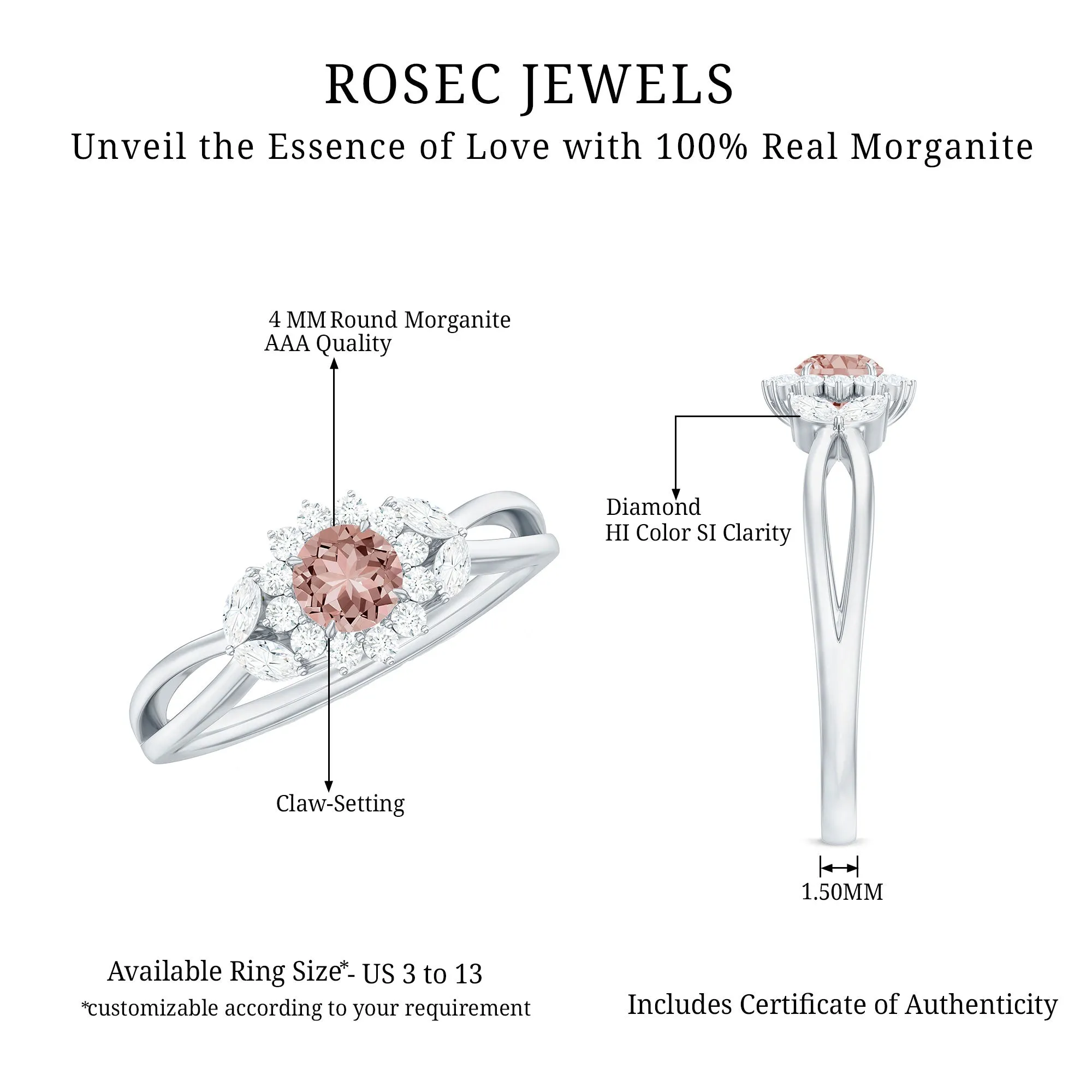 Morganite and Diamond Flower Engagement Ring with Split Shank