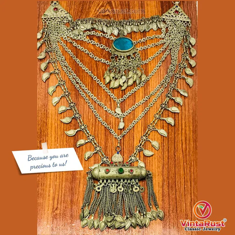 Multilayers Bib Necklace With Dangling Amulet Style Pendant