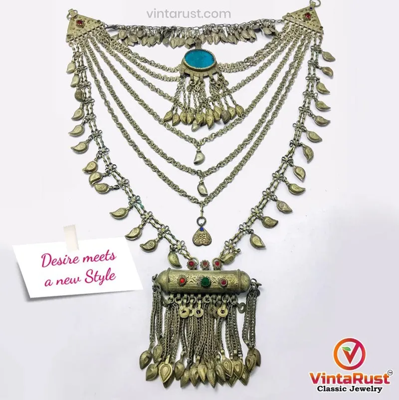 Multilayers Bib Necklace With Dangling Amulet Style Pendant