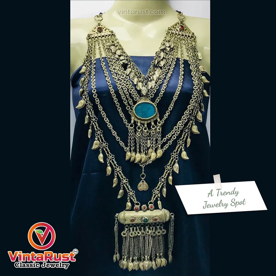 Multilayers Bib Necklace With Dangling Amulet Style Pendant