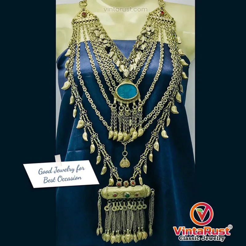 Multilayers Bib Necklace With Dangling Amulet Style Pendant