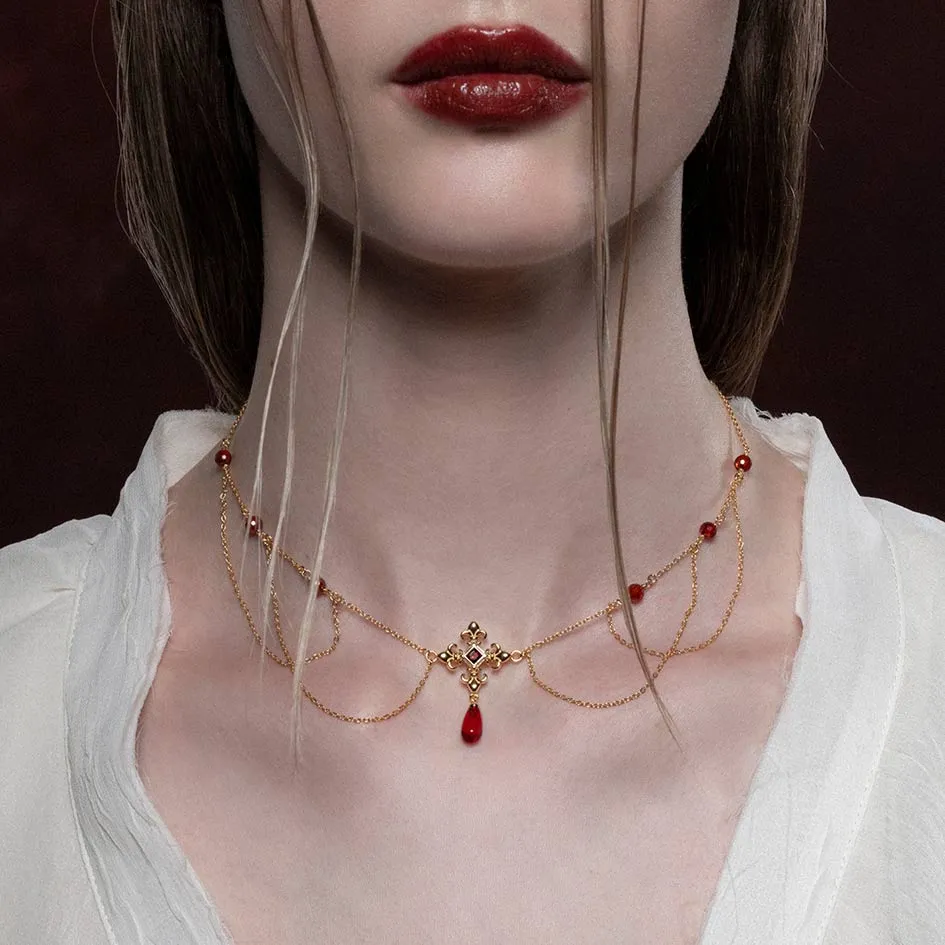 MUTINY. Fleur de Lis Multi-Drop Garnet Collar - Gold