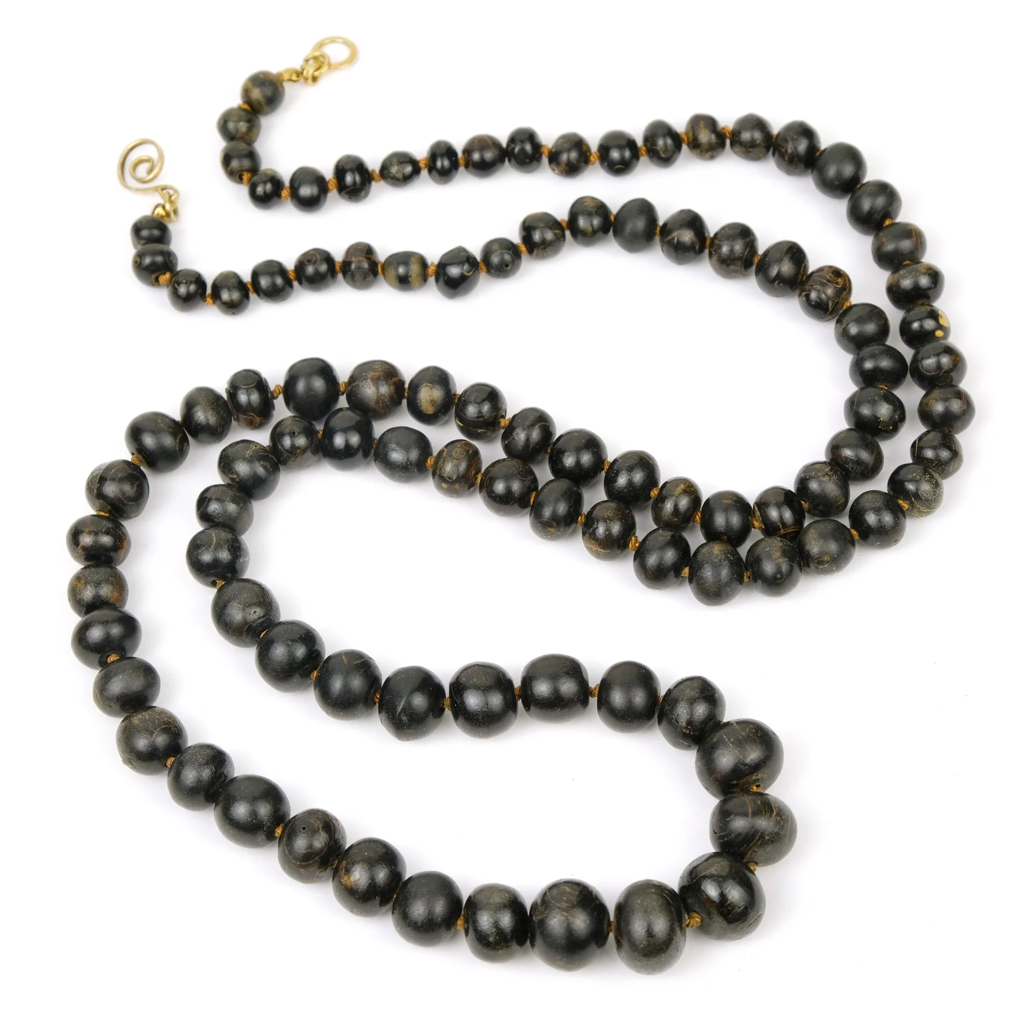 Natural Black Coral Graduated Round Beaded Necklace/Strand with Gold Plate over Sterling Silver Clasp