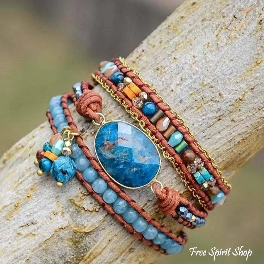 Natural Blue Apatite Gemstone Wrap Bracelet by Free Spirit