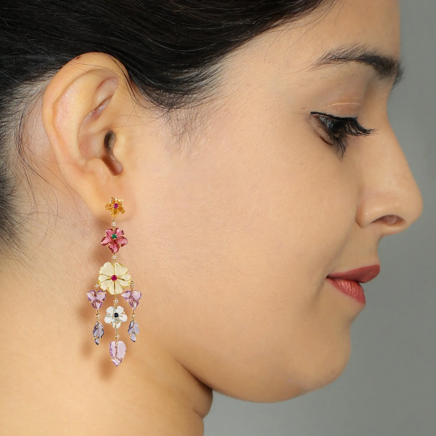 Natural Emerald Ruby Diamond Sapphire Tourmaline Handcarved Flower Chandelier Earrings In 18k Yellow Gold