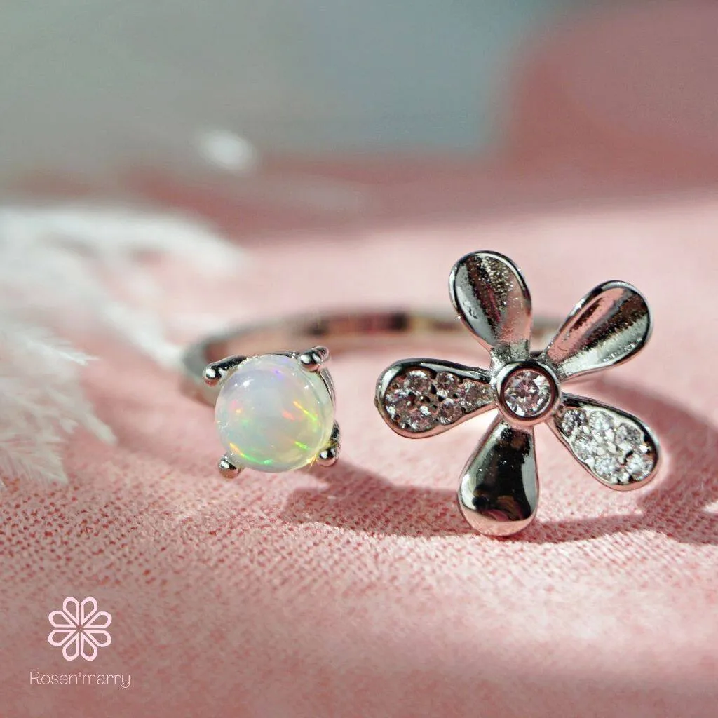 Natural Opal Flower Resizable Ring Sterling Silver925.