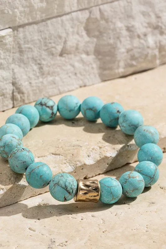 NATURAL STONE BEAD BRACELET W/METALLIC ACCENT (TURQUOISE)