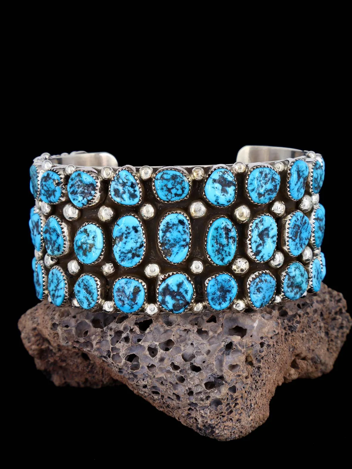 Navajo Sterling Silver Turquoise Row Cuff Bracelet