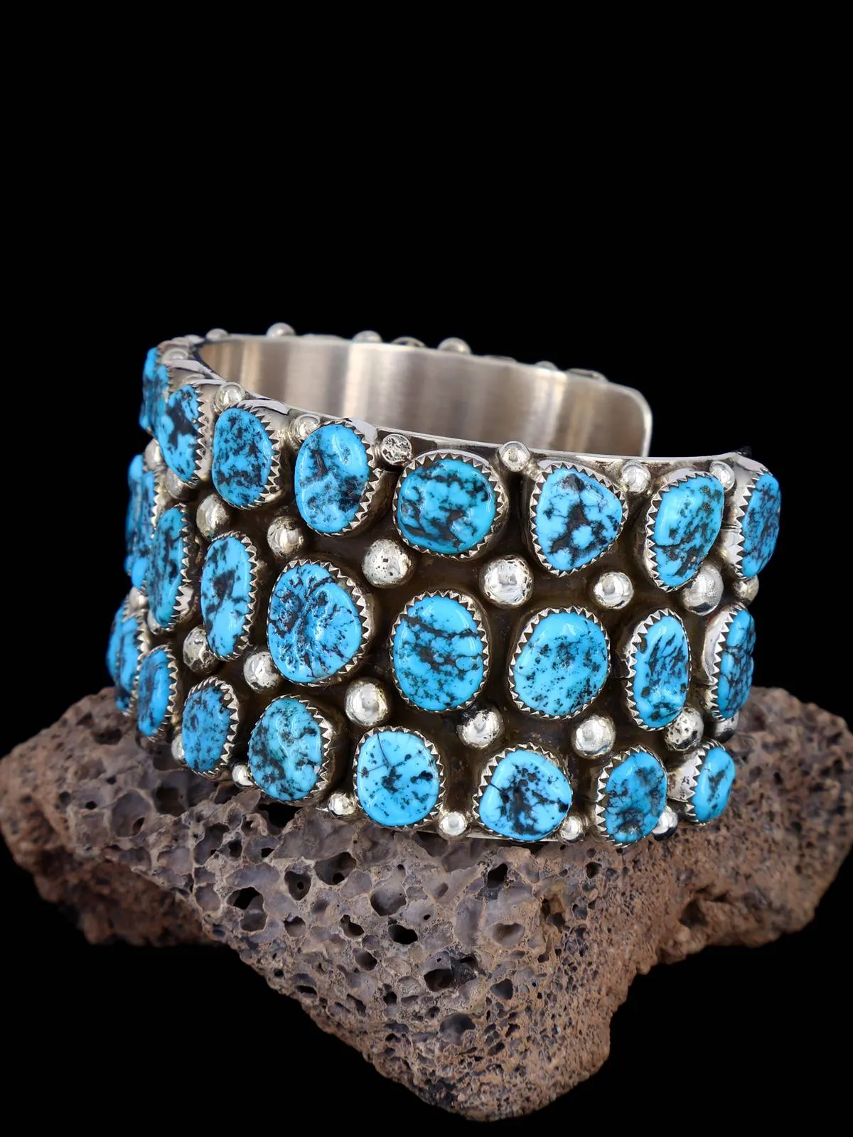 Navajo Sterling Silver Turquoise Row Cuff Bracelet