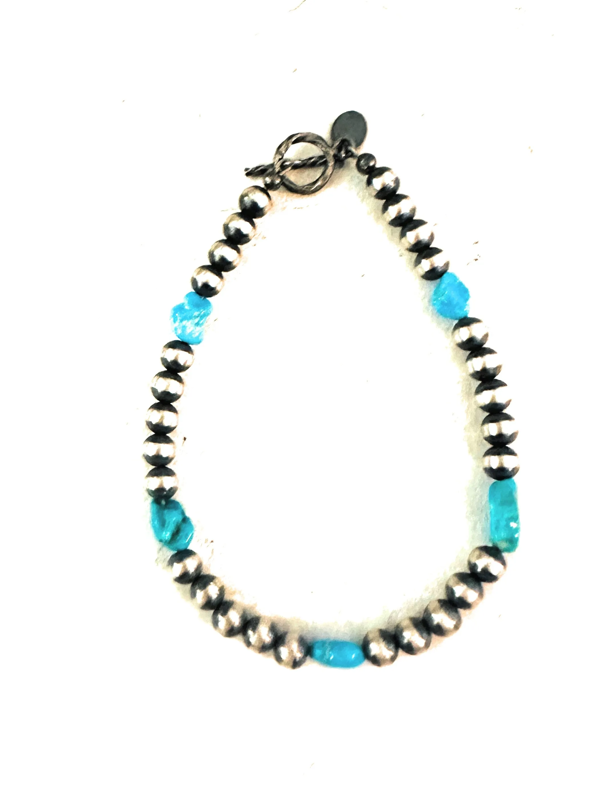 Navajo Turquoise & Sterling Silver Beaded Bracelet 7.5 inch