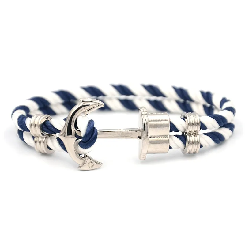 Navy Blue-White Nautical Rope Stainless Steel Anchor Bracelet 8.46"