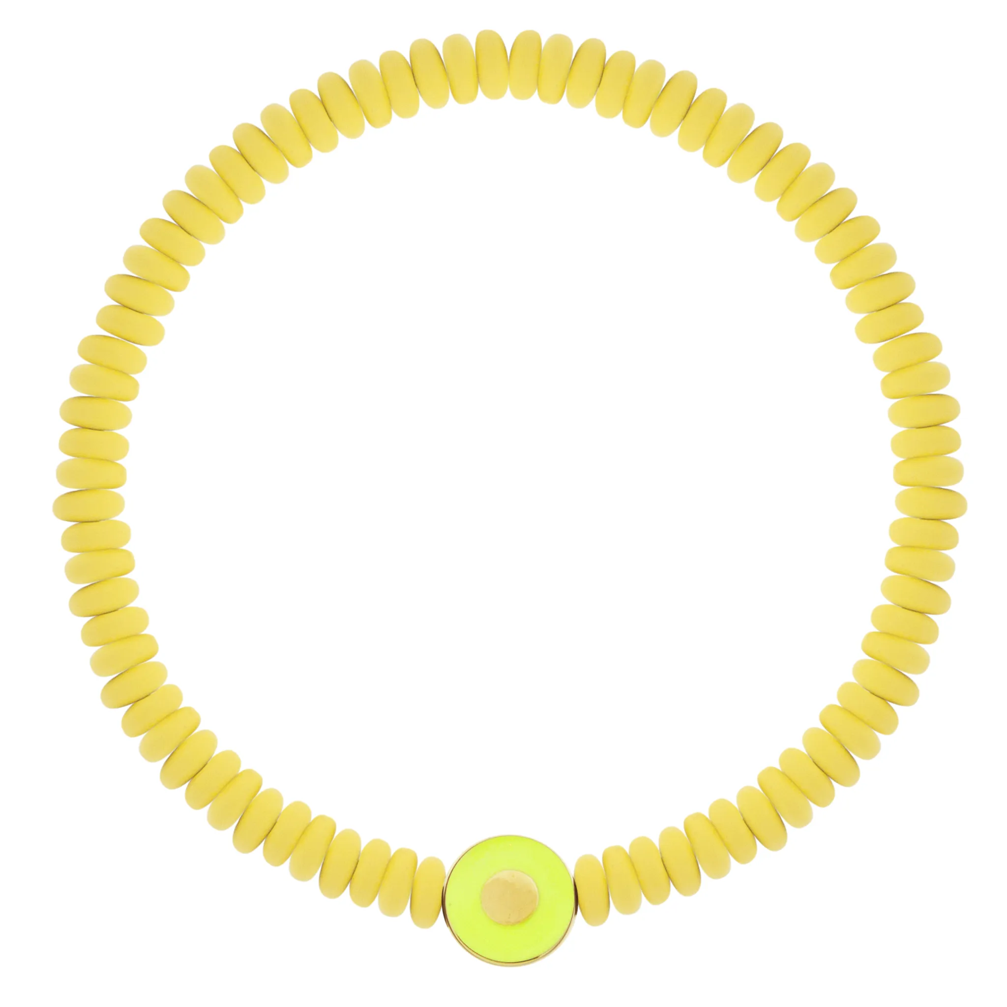 Neon Yellow Enameled Evil Eye Disk on Hematite Beaded Bracelet