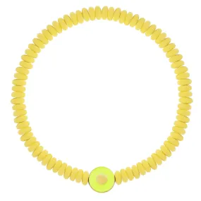 Neon Yellow Enameled Evil Eye Disk on Hematite Beaded Bracelet