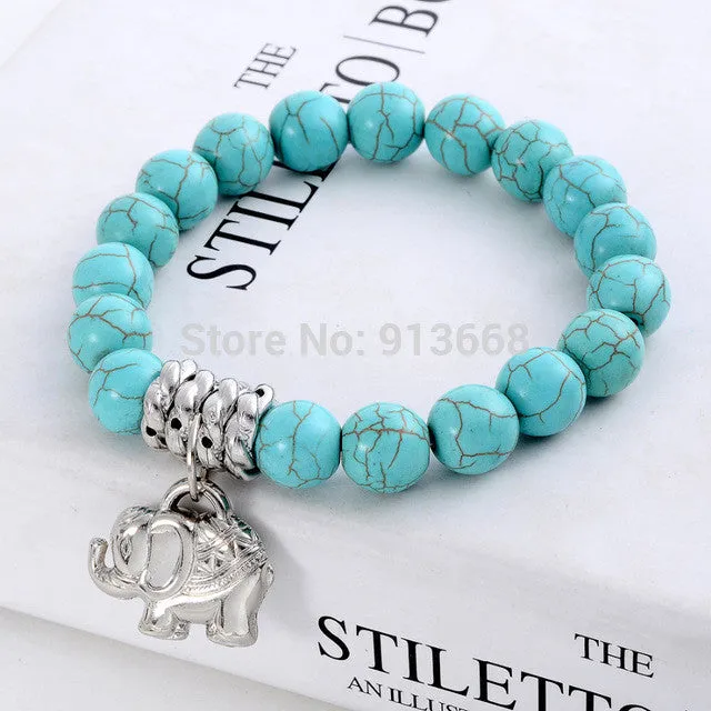 New Design Fashion Vintage Bohemia National style Turquoise Beaded Tibetan Silver Elephant charm Stretch bracelet jewelry