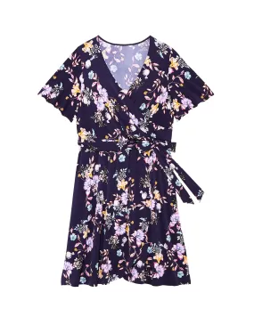 Newbury Flutter Sleeve Wrap Dress | Navy / Lilac