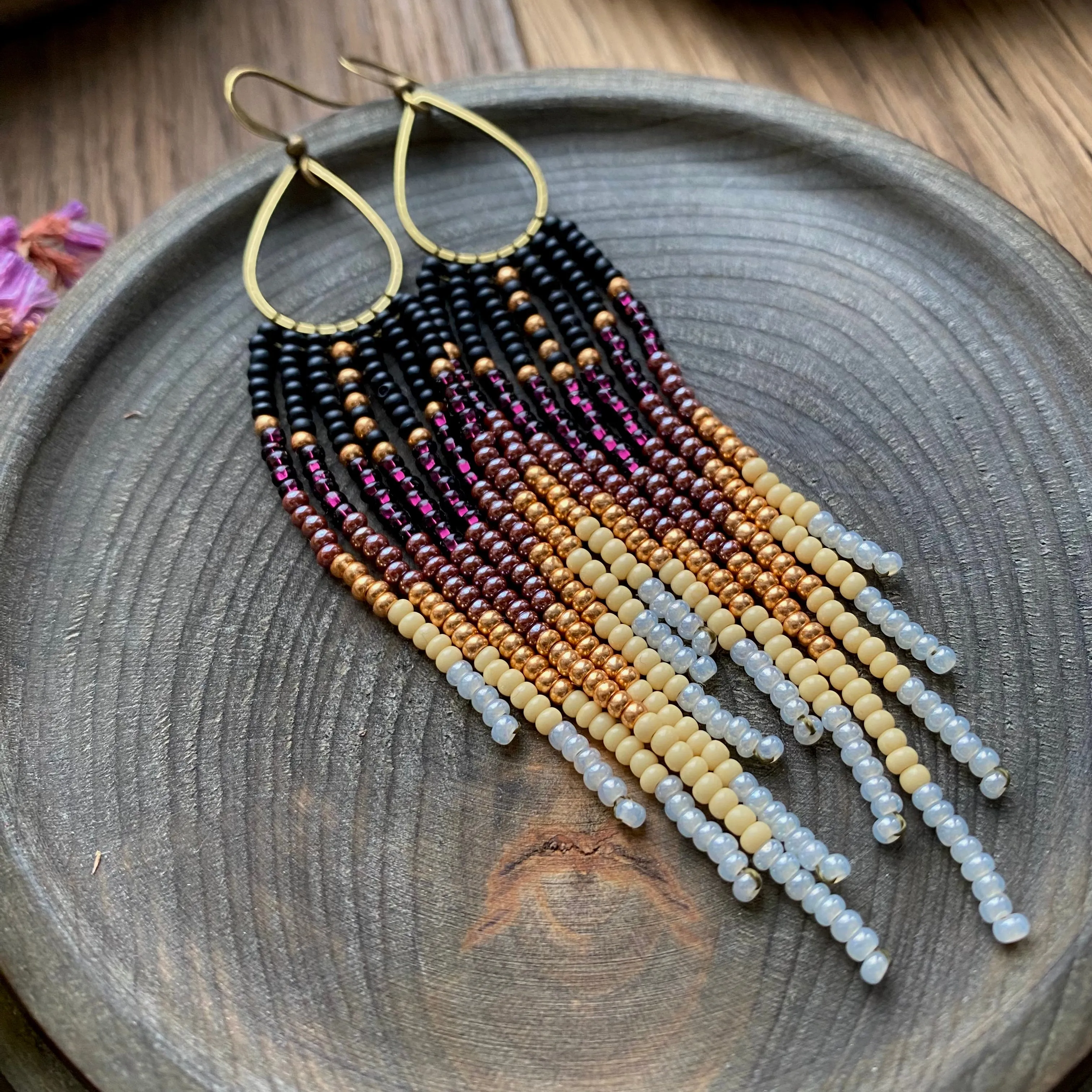 Ombre Seed Bead Earrings, Black Purple Gold White Gradient Fringe Chandelier Earrings, Bohemian Earrings, Boho Chic Earrings, Statement Earrings, Festive Earring, Ukraine seller