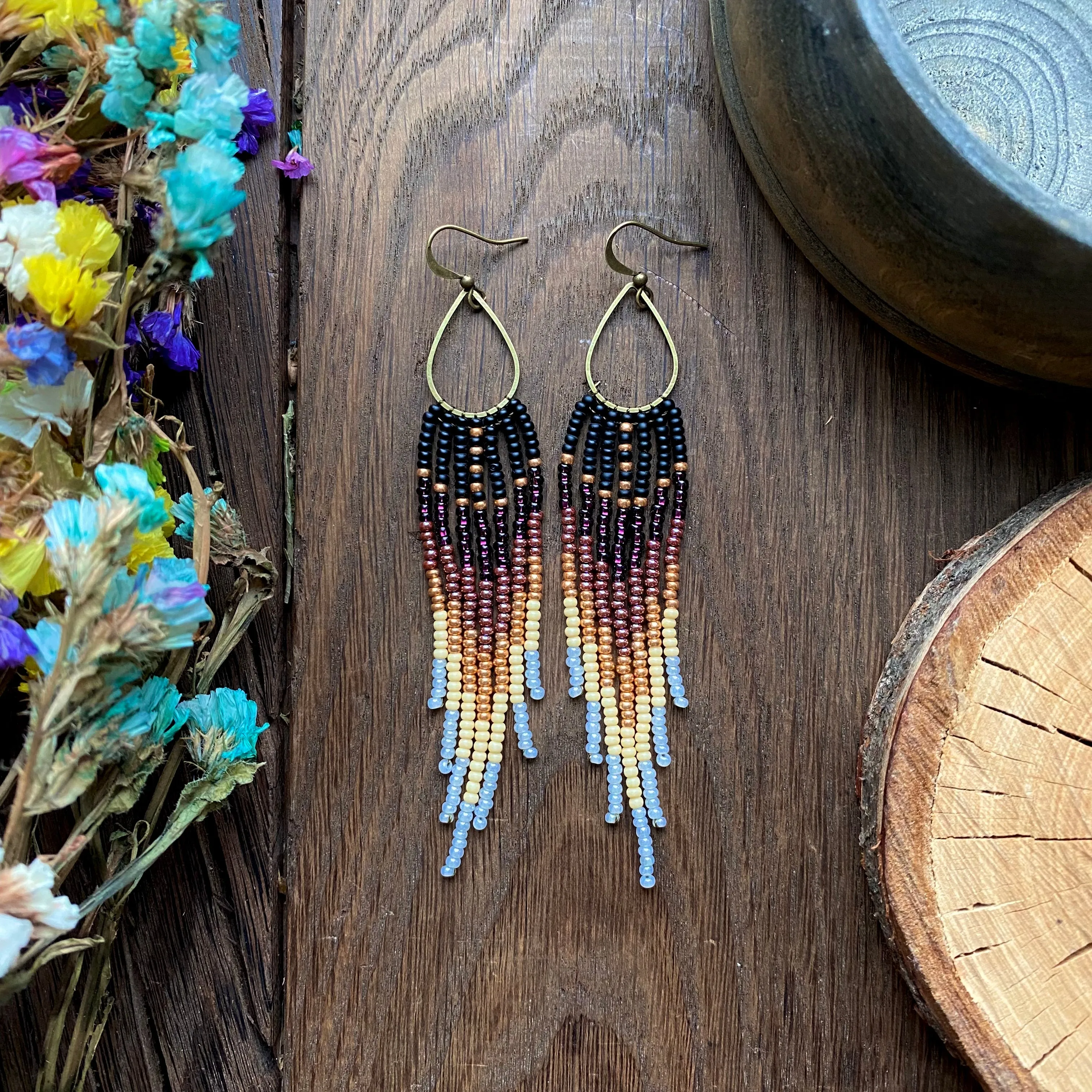 Ombre Seed Bead Earrings, Black Purple Gold White Gradient Fringe Chandelier Earrings, Bohemian Earrings, Boho Chic Earrings, Statement Earrings, Festive Earring, Ukraine seller