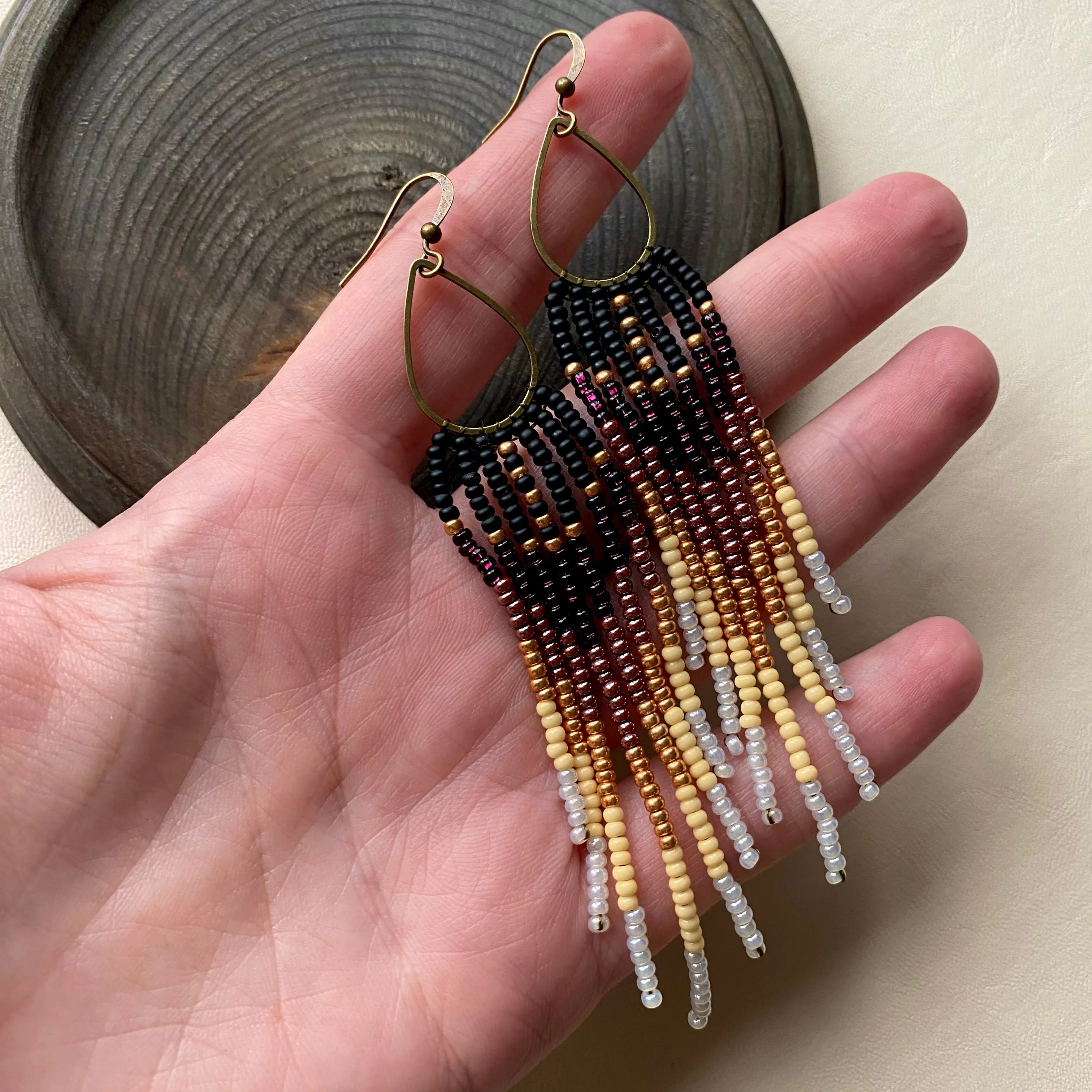 Ombre Seed Bead Earrings, Black Purple Gold White Gradient Fringe Chandelier Earrings, Bohemian Earrings, Boho Chic Earrings, Statement Earrings, Festive Earring, Ukraine seller