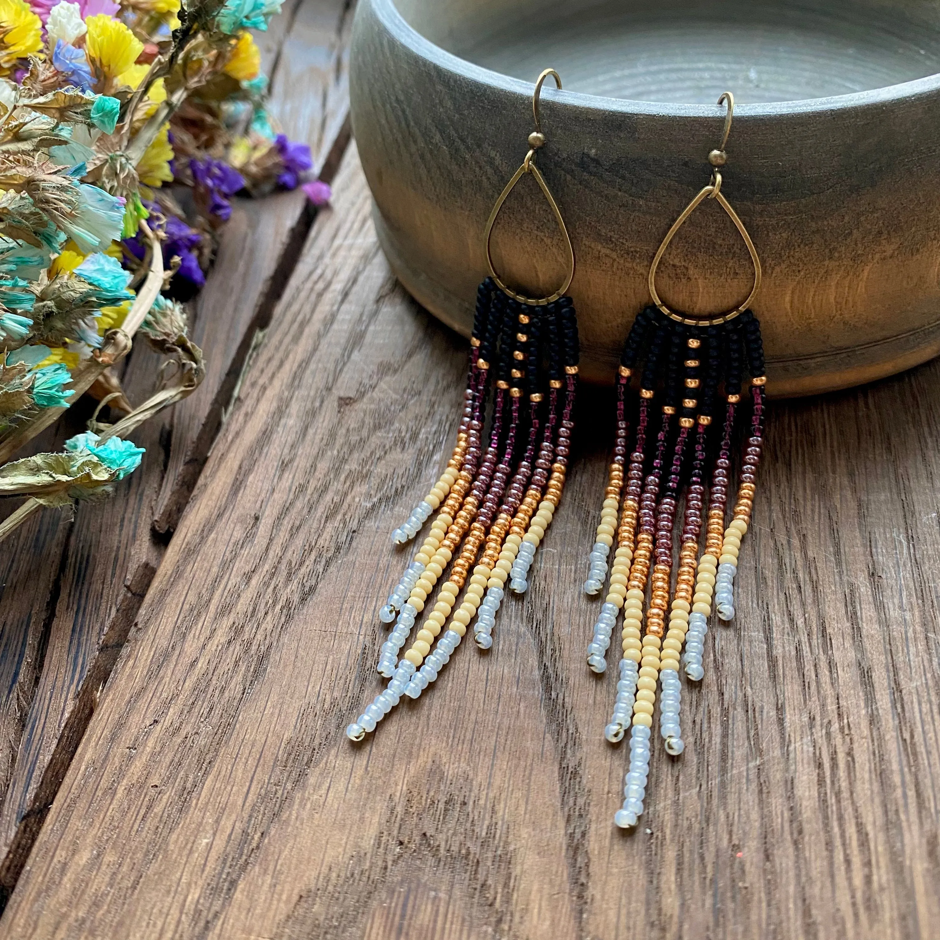 Ombre Seed Bead Earrings, Black Purple Gold White Gradient Fringe Chandelier Earrings, Bohemian Earrings, Boho Chic Earrings, Statement Earrings, Festive Earring, Ukraine seller