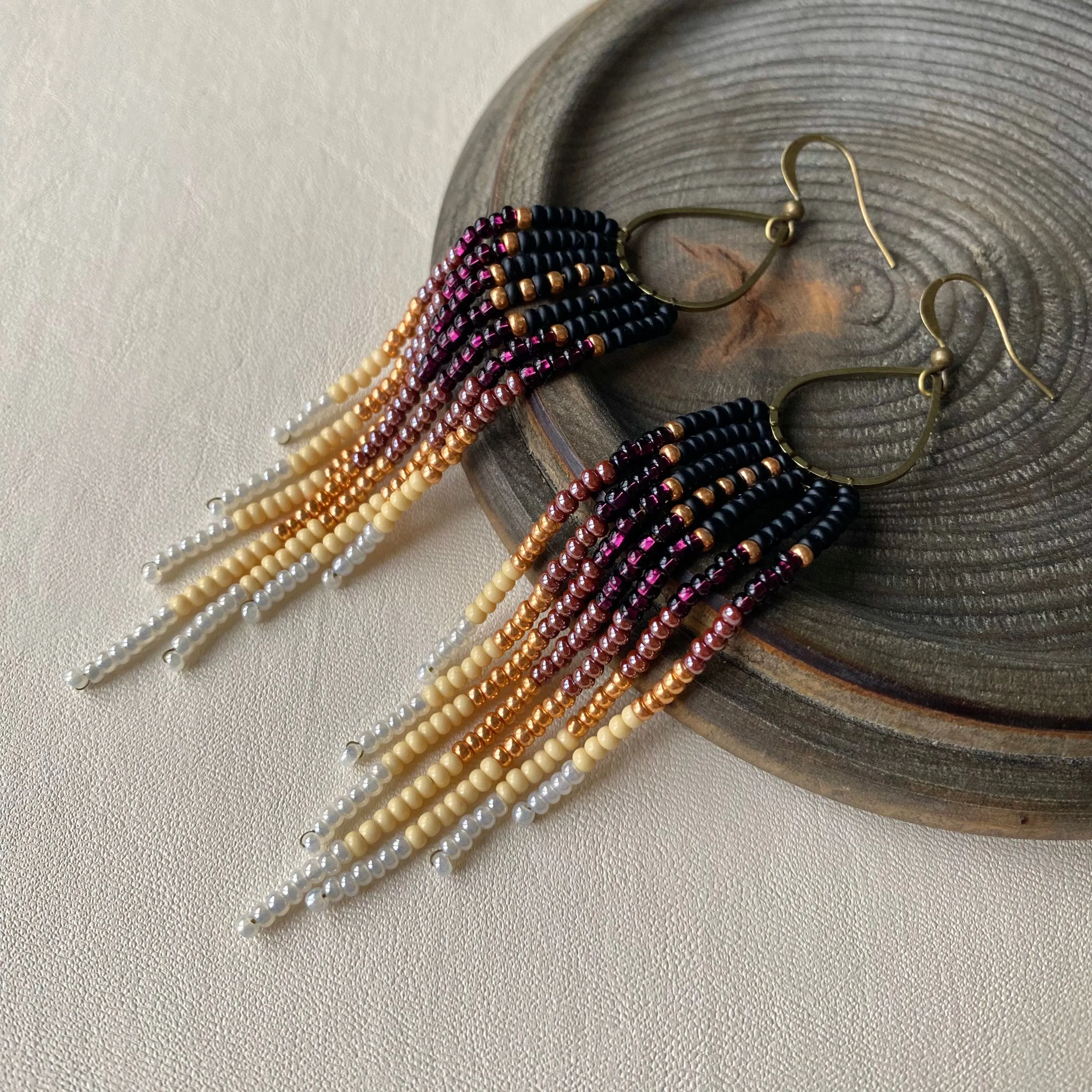 Ombre Seed Bead Earrings, Black Purple Gold White Gradient Fringe Chandelier Earrings, Bohemian Earrings, Boho Chic Earrings, Statement Earrings, Festive Earring, Ukraine seller