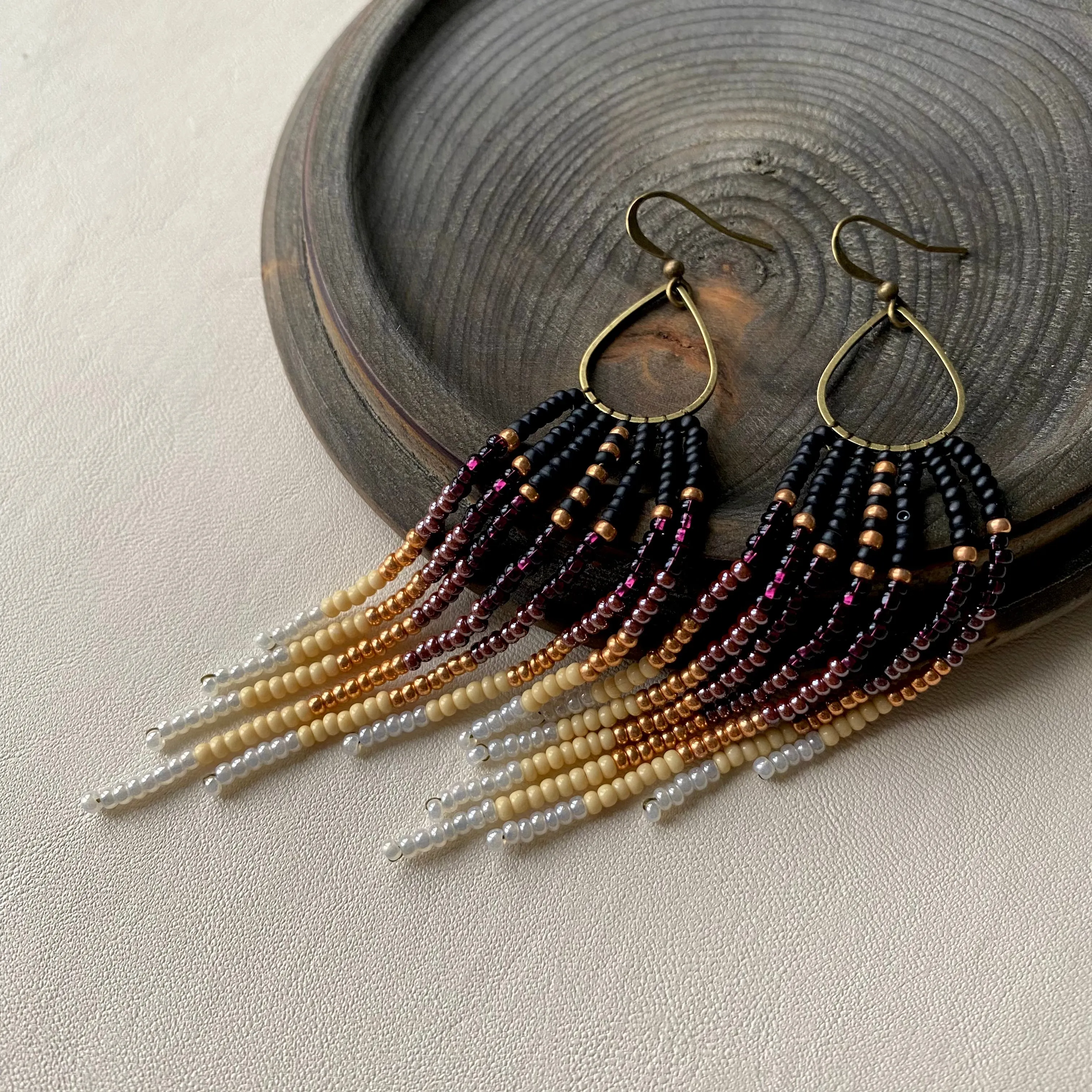 Ombre Seed Bead Earrings, Black Purple Gold White Gradient Fringe Chandelier Earrings, Bohemian Earrings, Boho Chic Earrings, Statement Earrings, Festive Earring, Ukraine seller