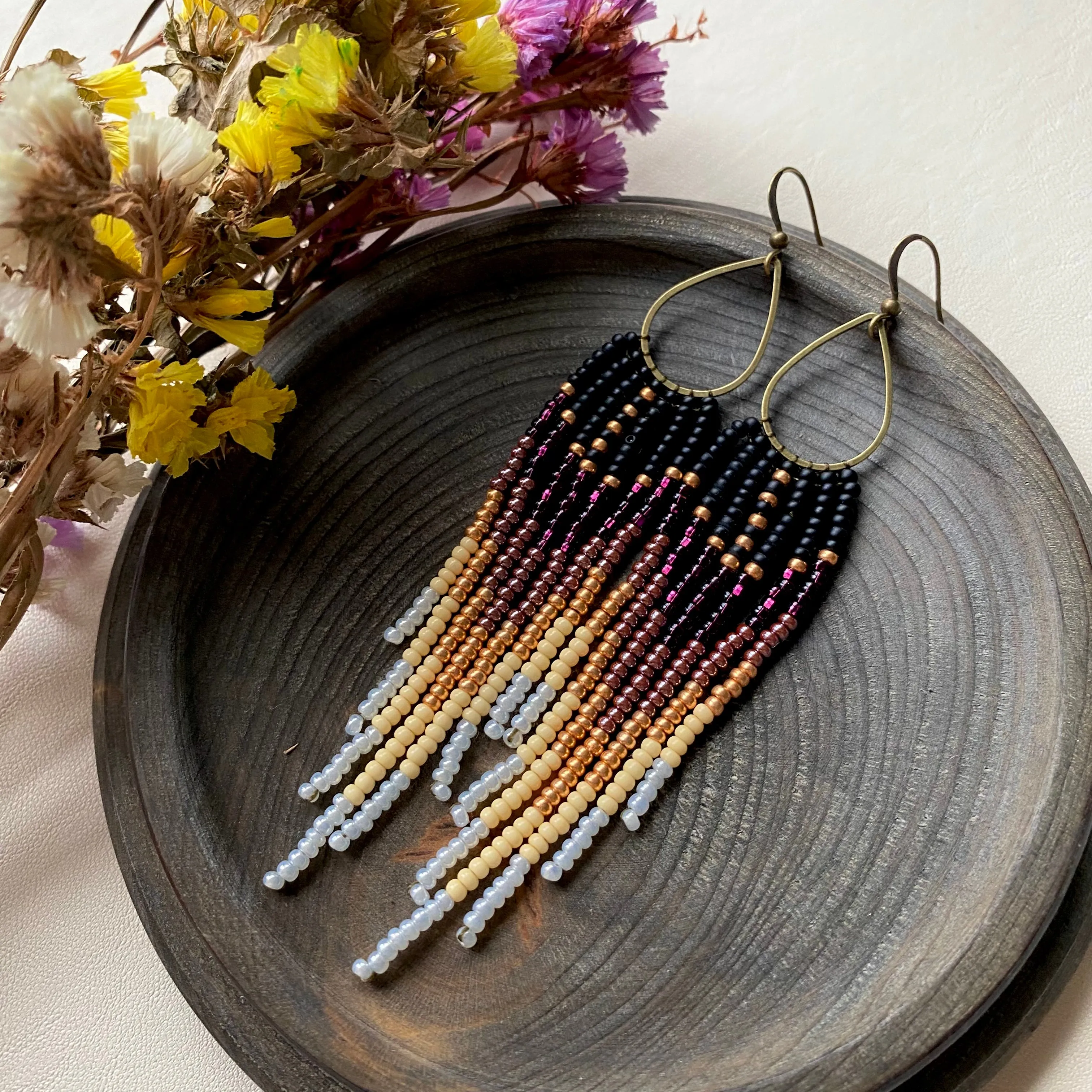 Ombre Seed Bead Earrings, Black Purple Gold White Gradient Fringe Chandelier Earrings, Bohemian Earrings, Boho Chic Earrings, Statement Earrings, Festive Earring, Ukraine seller