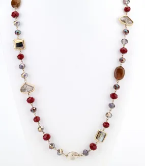 Opalescent Beaded Long Necklace Red