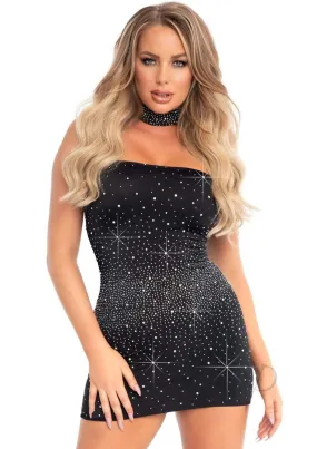 Opaque Rhinestone Tube Dress 2pc Lg Blk