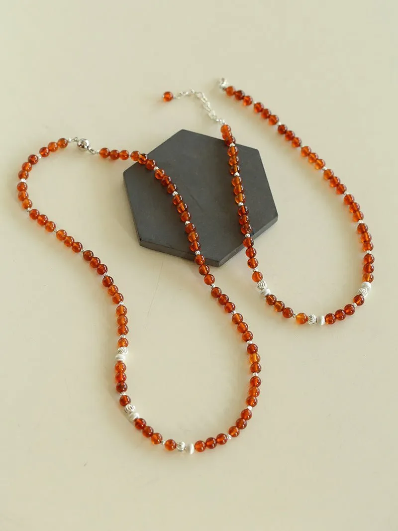 Orange Red Garnet Cat's Eye Silver Beaded Necklace