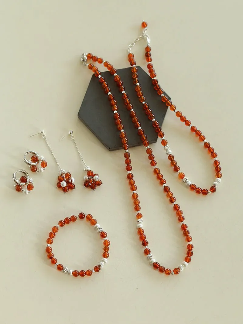 Orange Red Garnet Cat's Eye Silver Beaded Necklace