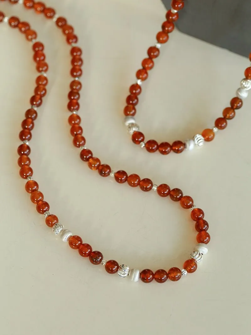 Orange Red Garnet Cat's Eye Silver Beaded Necklace