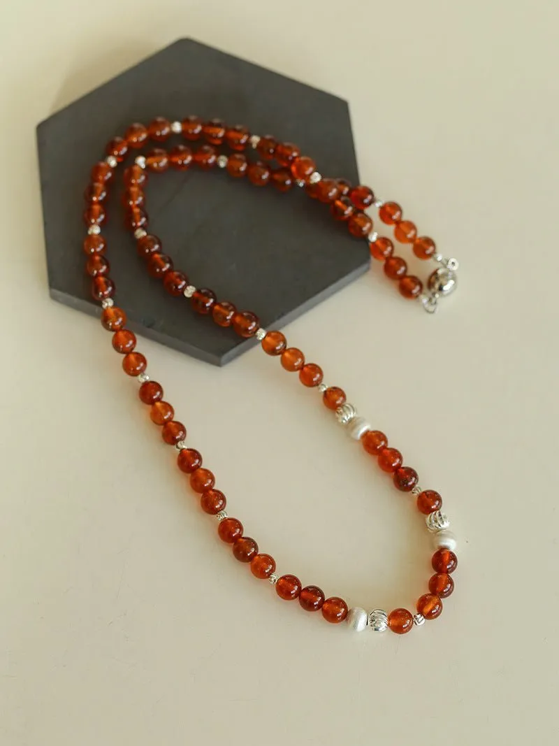 Orange Red Garnet Cat's Eye Silver Beaded Necklace