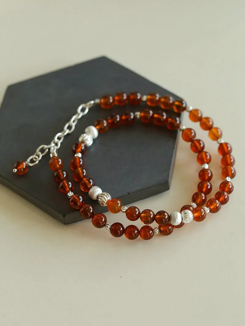 Orange Red Garnet Cat's Eye Silver Beaded Necklace