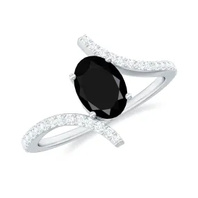 Oval Black Onyx Solitaire Bypass Engagement Ring with Diamond