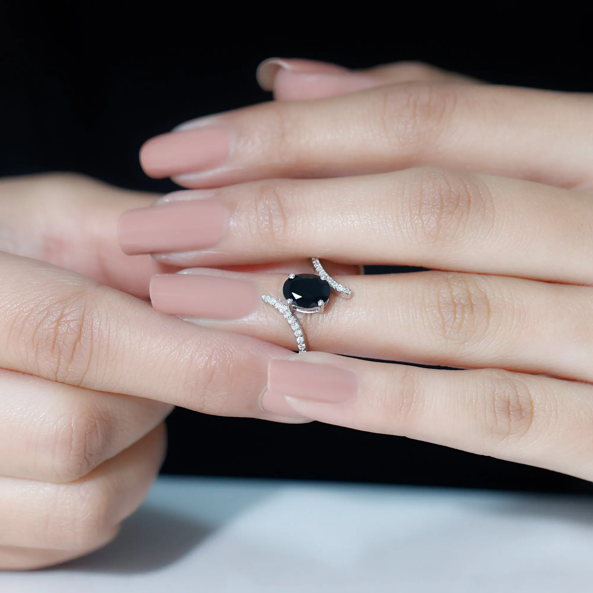 Oval Black Onyx Solitaire Bypass Engagement Ring with Diamond