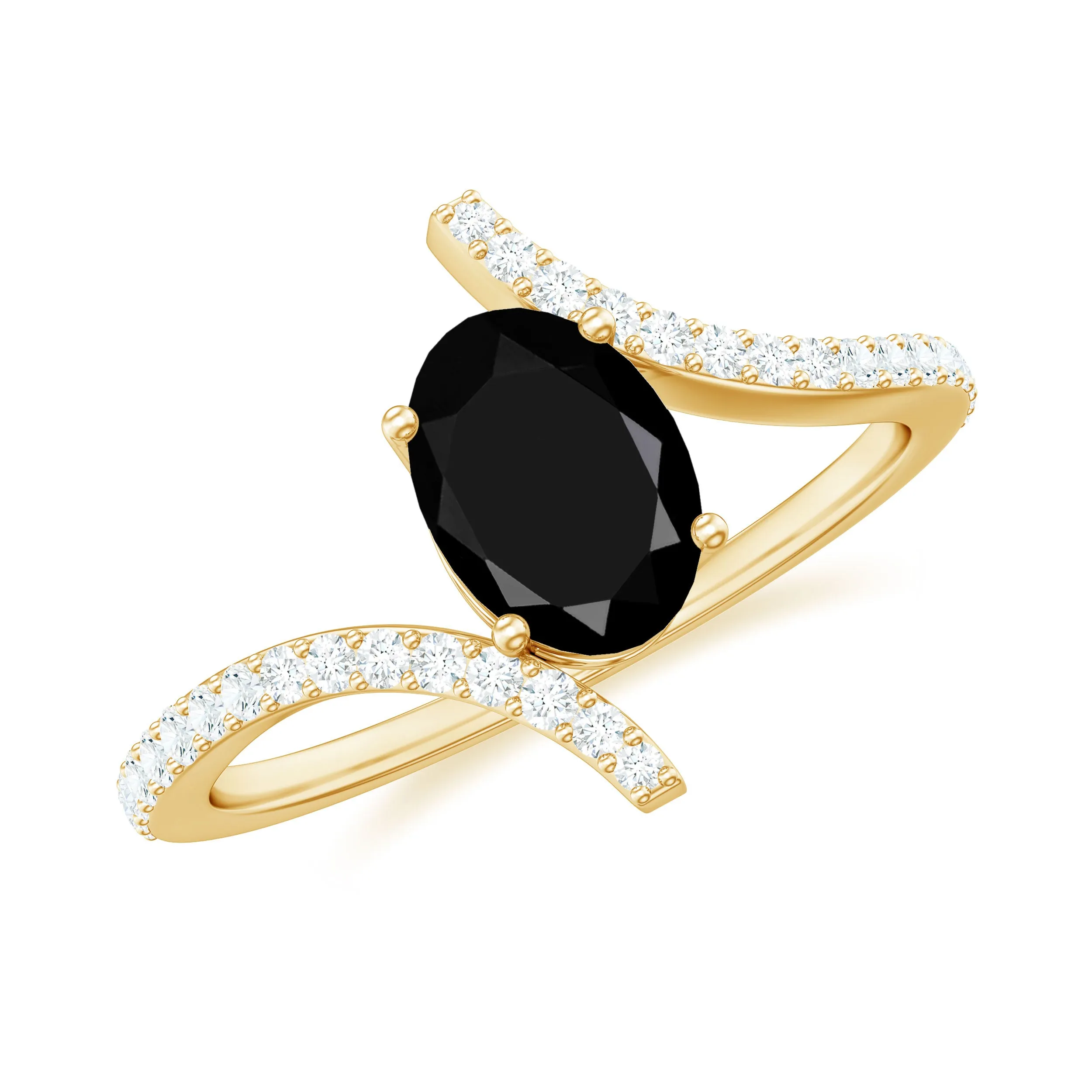 Oval Black Onyx Solitaire Bypass Engagement Ring with Diamond