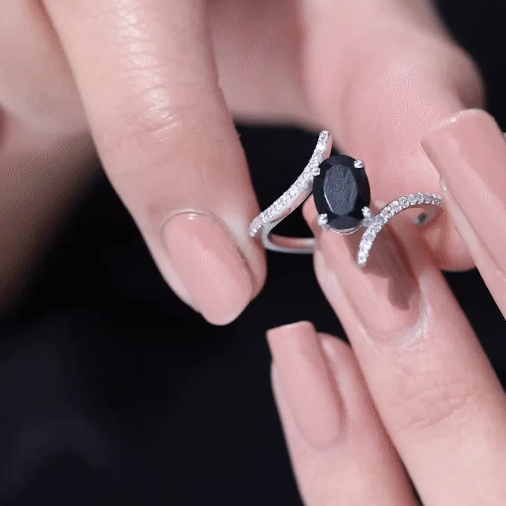 Oval Black Onyx Solitaire Bypass Engagement Ring with Diamond