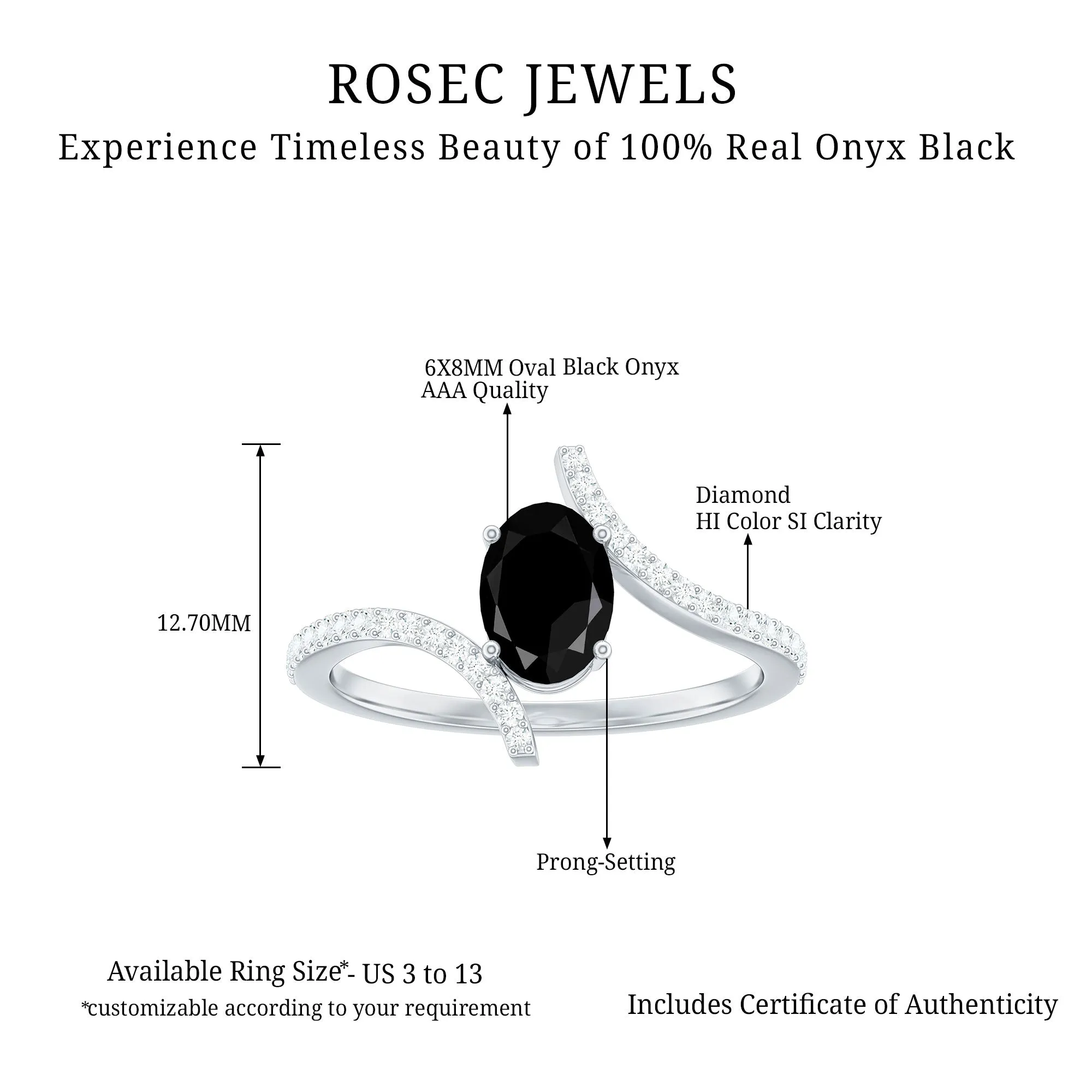 Oval Black Onyx Solitaire Bypass Engagement Ring with Diamond